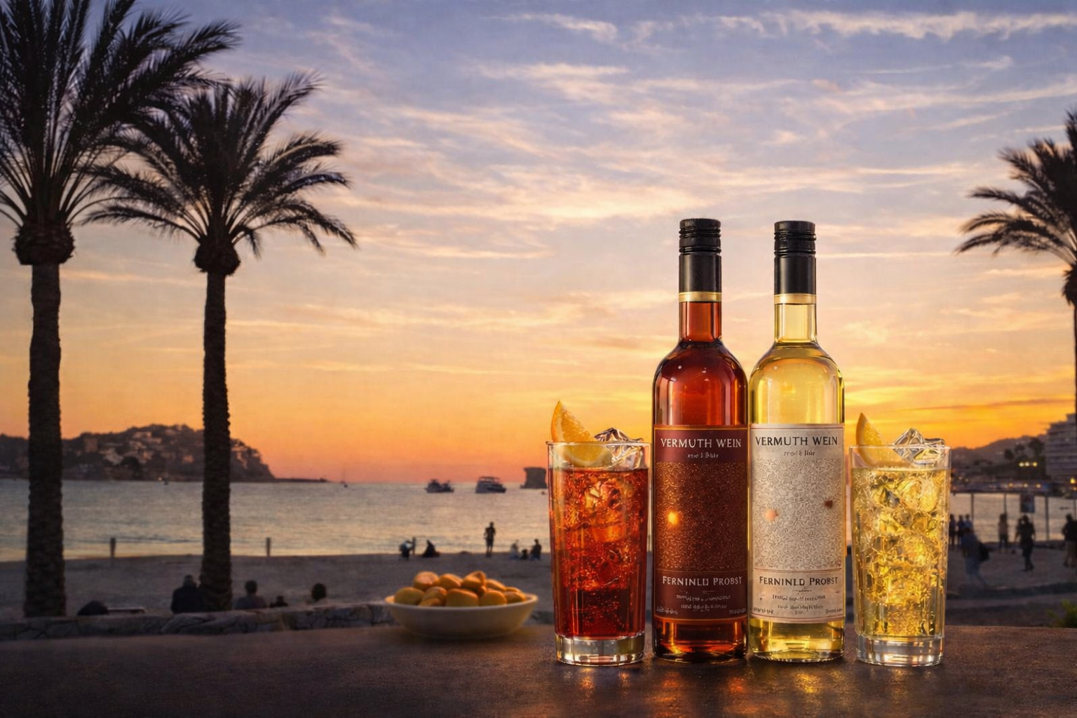 Vermuth und Wein am Strand von Santa Ponsa, Mallorca